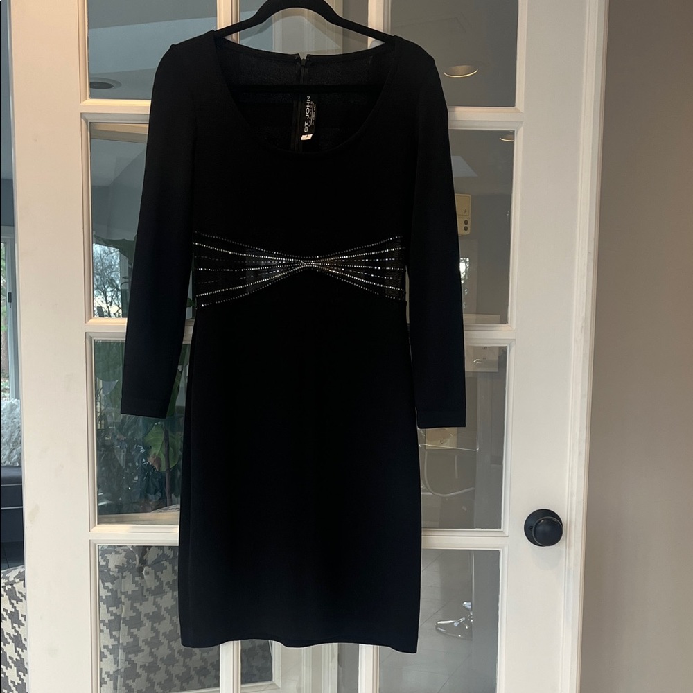 St. John Evening Sparkly Long Sleeve Santana Knit Dress w/ Sheer Waist Sz 4 NWOT